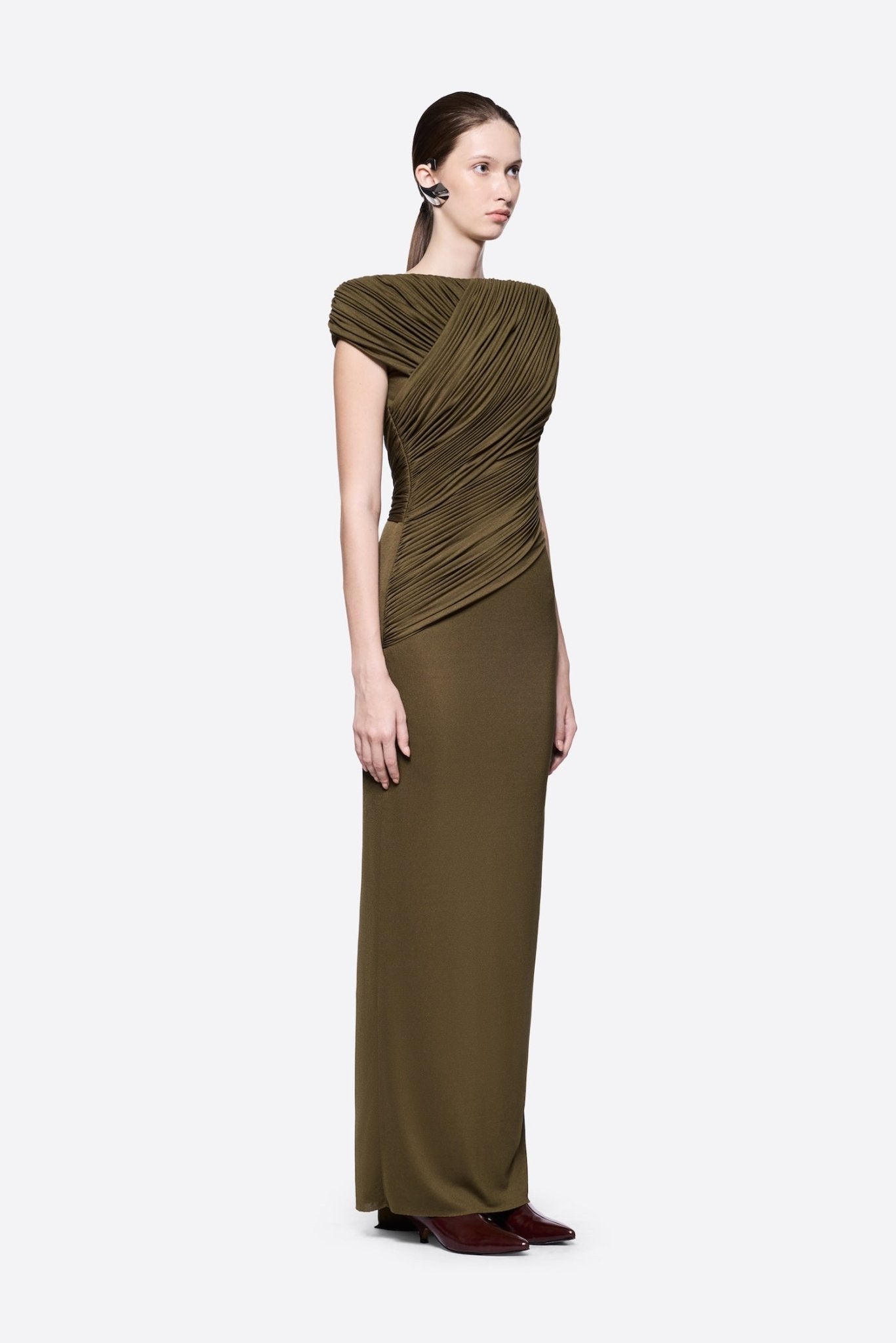 Diagonal Draped Ruched Bodice Sleeveless Floor Length Dress - MAYMOONLY