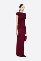 Diagonal Draped Ruched Bodice Sleeveless Floor Length Dress - MAYMOONLY