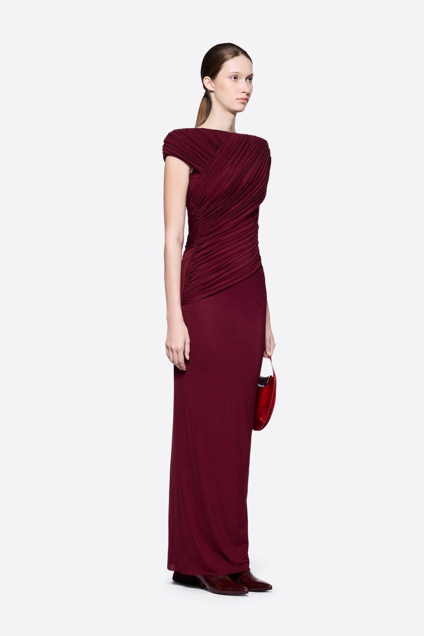Diagonal Draped Ruched Bodice Sleeveless Floor Length Dress - MAYMOONLY