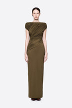 Diagonal Draped Ruched Bodice Sleeveless Floor Length Dress - MAYMOONLY