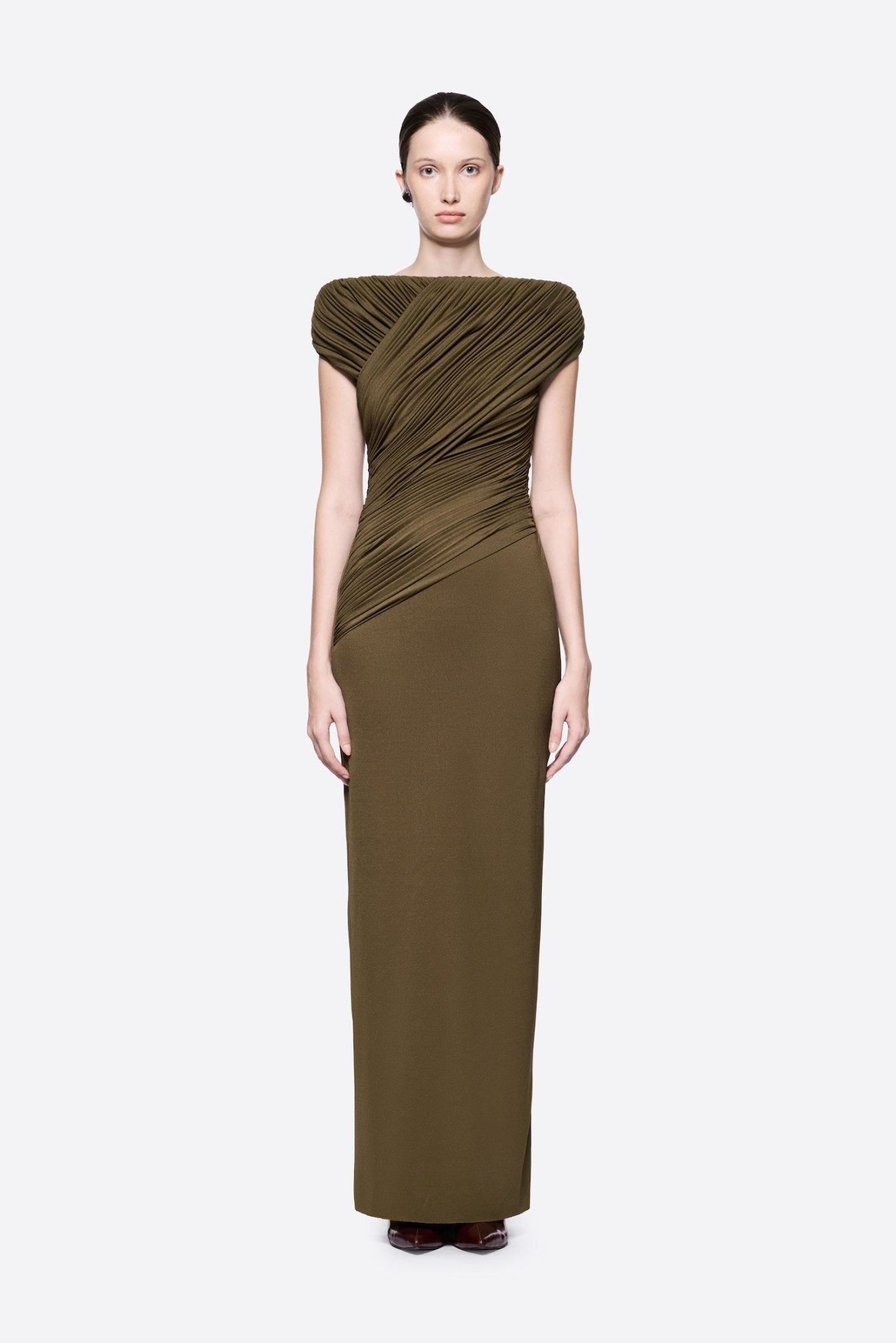 Diagonal Draped Ruched Bodice Sleeveless Floor Length Dress - MAYMOONLY