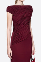 Diagonal Draped Ruched Bodice Sleeveless Floor Length Dress - MAYMOONLY