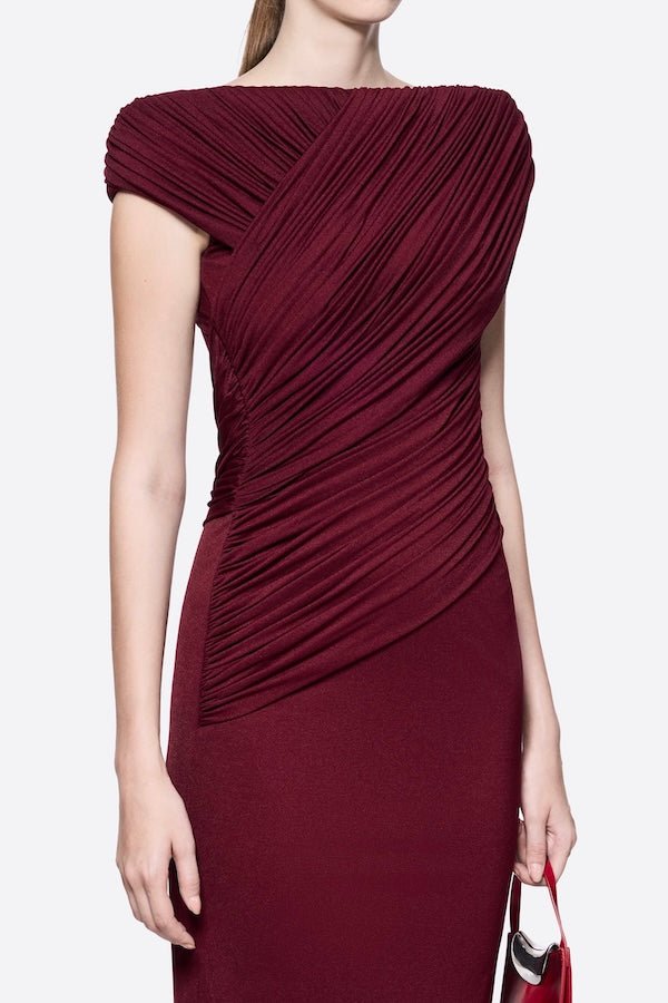 Diagonal Draped Ruched Bodice Sleeveless Floor Length Dress - MAYMOONLY