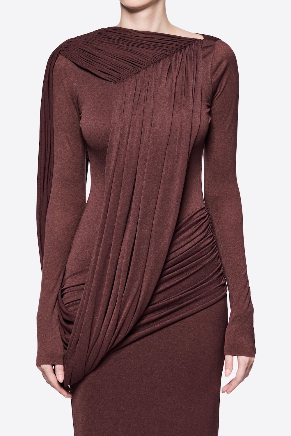 Diagonal Draped Ruched Waist Slim Fit Long Formal Dress - MAYMOONLY