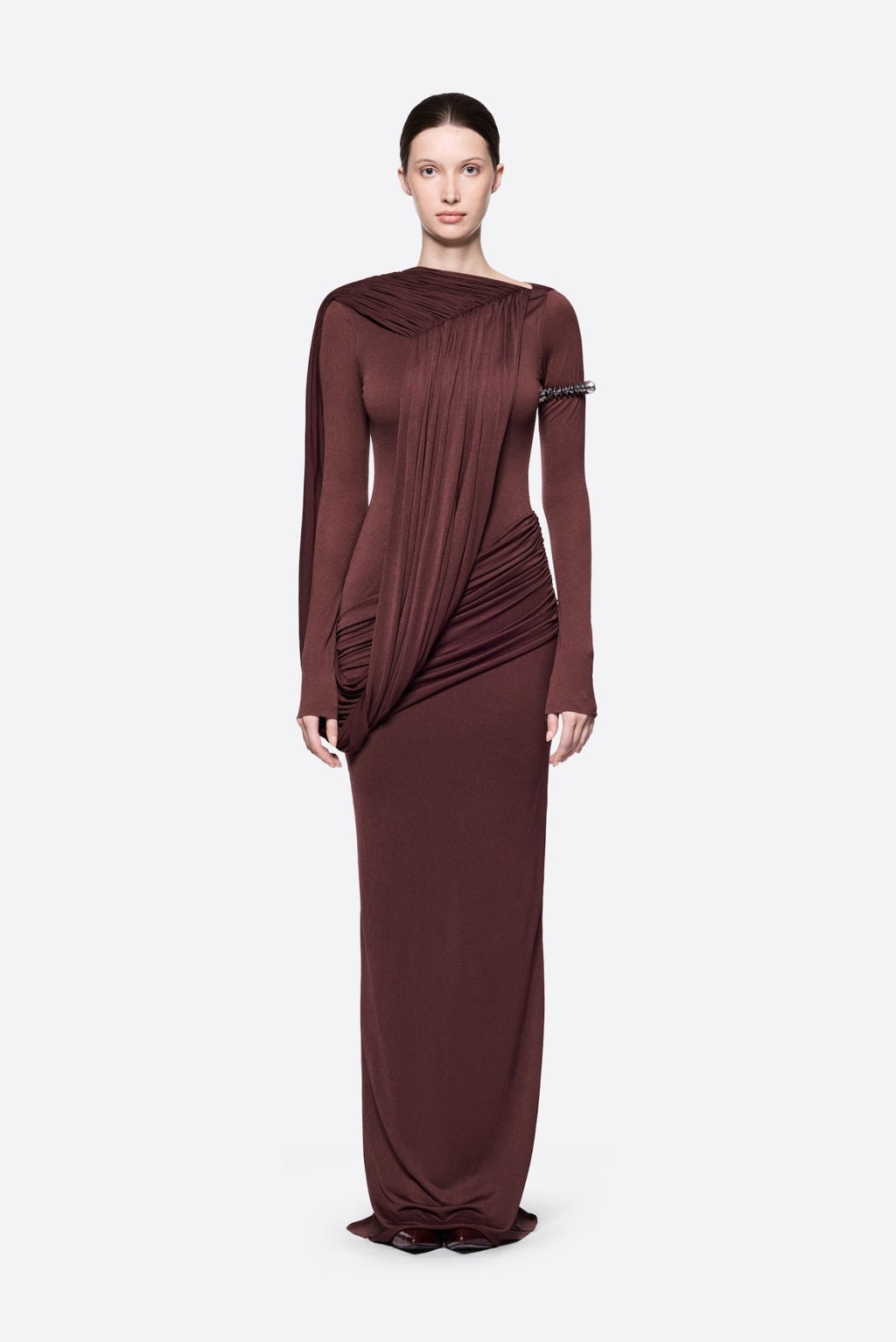 Diagonal Draped Ruched Waist Slim Fit Long Formal Dress - MAYMOONLY