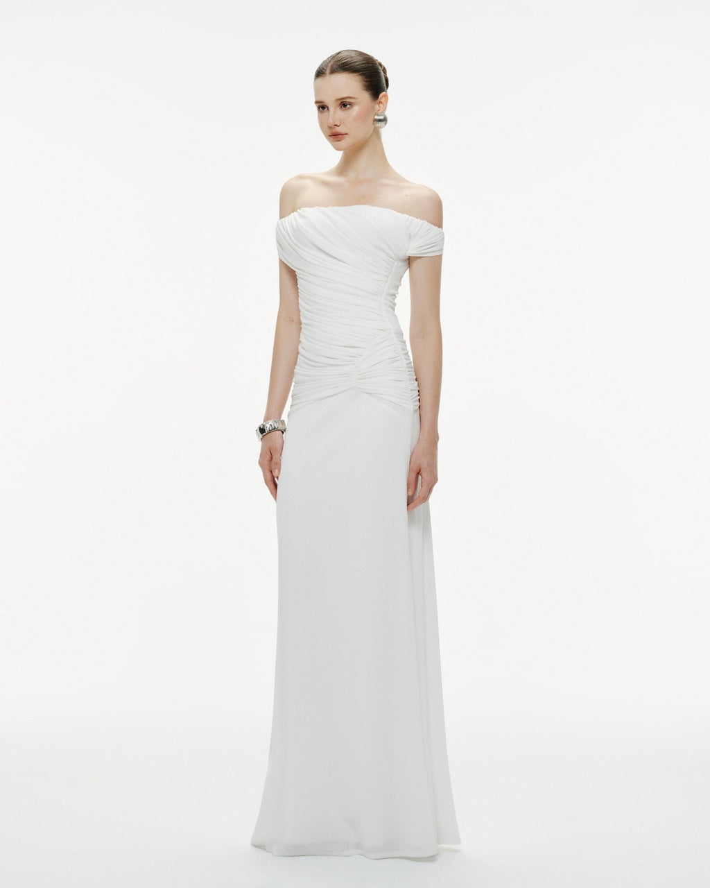 Diagonal Ruched Waist Off Shoulder Mermaid Evening Gown - MAYMOONLY