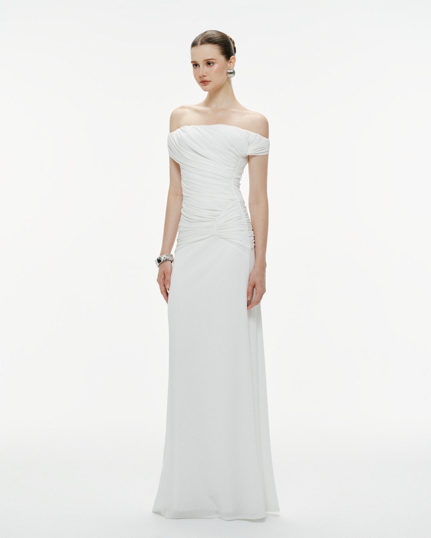 Diagonal Ruched Waist Off Shoulder Mermaid Evening Gown - MAYMOONLY