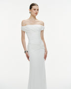 Diagonal Ruched Waist Off Shoulder Mermaid Evening Gown - MAYMOONLY
