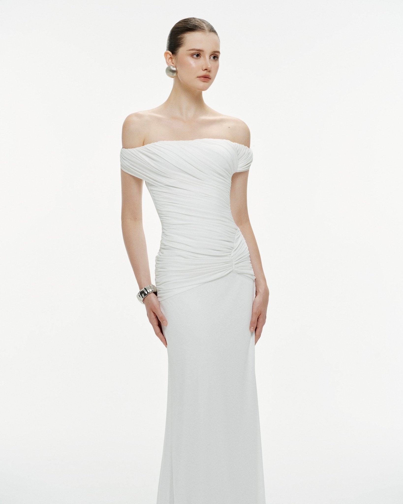 Diagonal Ruched Waist Off Shoulder Mermaid Evening Gown - MAYMOONLY