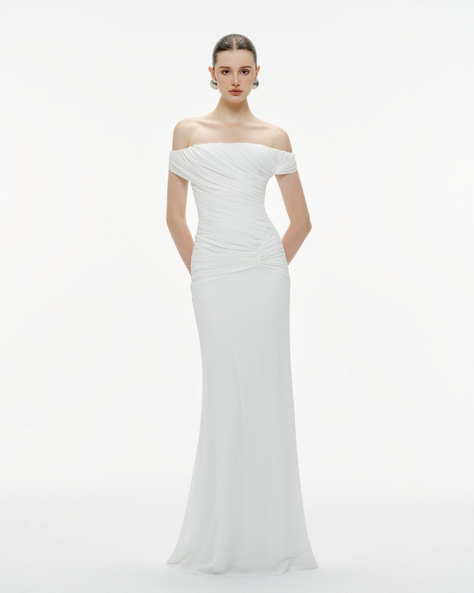 Diagonal Ruched Waist Off Shoulder Mermaid Evening Gown - MAYMOONLY
