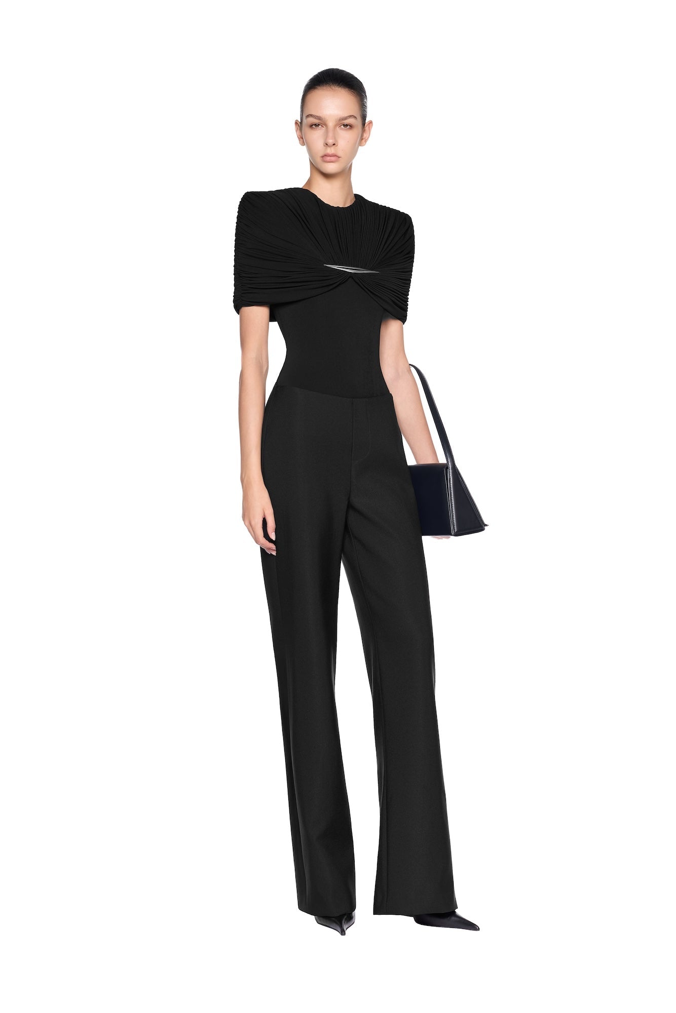 Draped Pleated Short Sleeve Bodysuit Wide Leg Pants Two Piece Set - MAYMOONLY