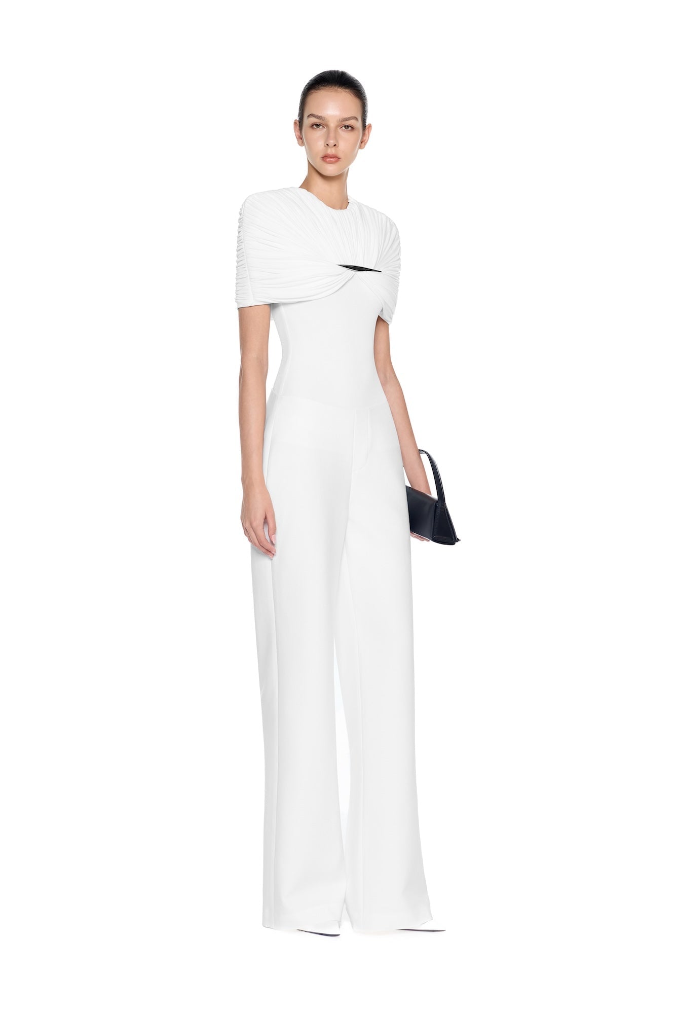Draped Pleated Short Sleeve Bodysuit Wide Leg Pants Two Piece Set - MAYMOONLY