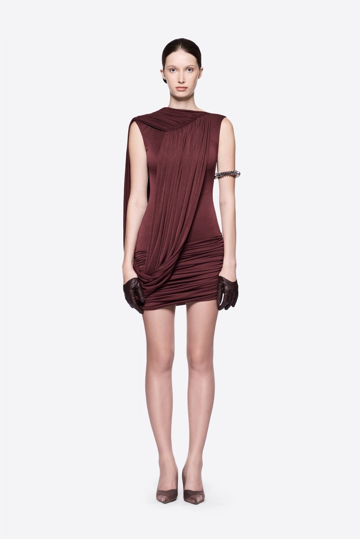 Draped Sleeveless Ruched Bodycon Mini Dress - MAYMOONLY