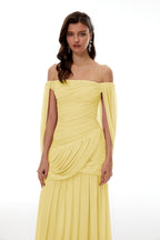 Draped Wrap Waist Floaty Cape Sleeve Flowy Skirt Formal Long Dress - MAYMOONLY