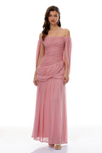 Draped Wrap Waist Floaty Cape Sleeve Flowy Skirt Formal Long Dress - MAYMOONLY
