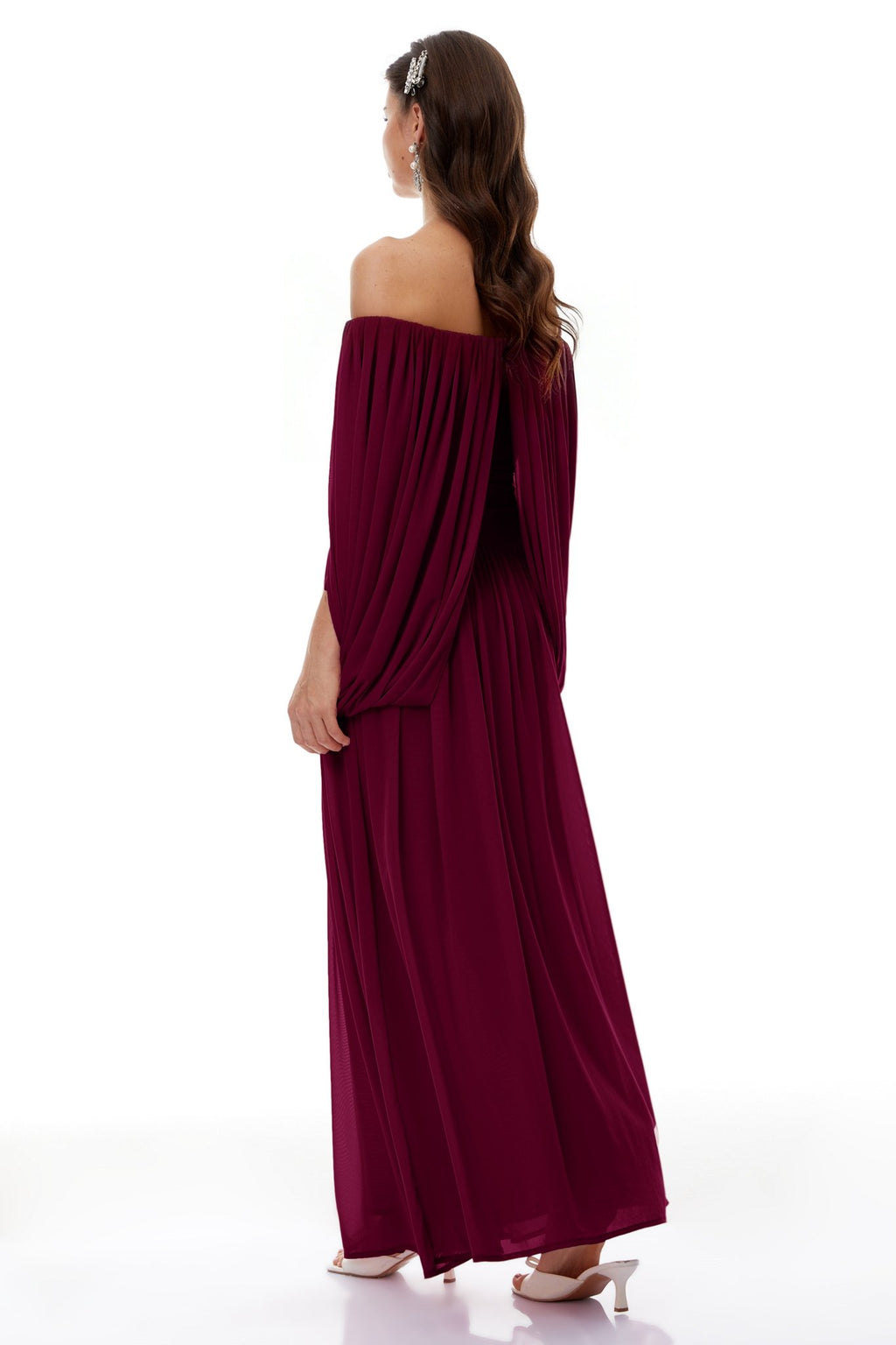 Draped Wrap Waist Floaty Cape Sleeve Flowy Skirt Formal Long Dress - MAYMOONLY