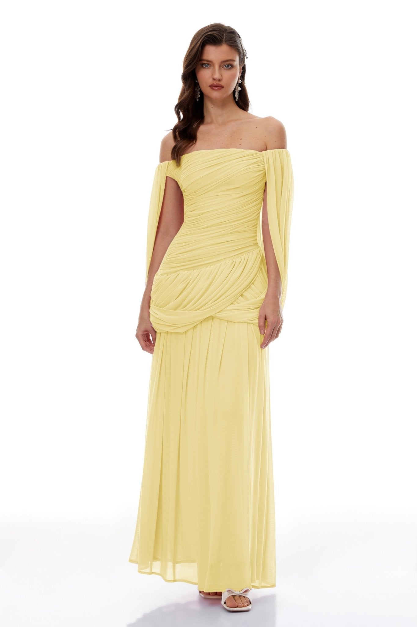 Draped Wrap Waist Floaty Cape Sleeve Flowy Skirt Formal Long Dress - MAYMOONLY