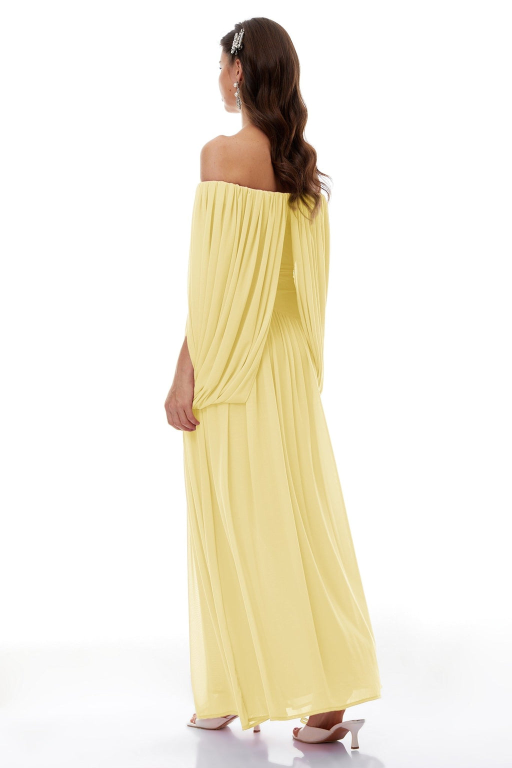 Draped Wrap Waist Floaty Cape Sleeve Flowy Skirt Formal Long Dress - MAYMOONLY