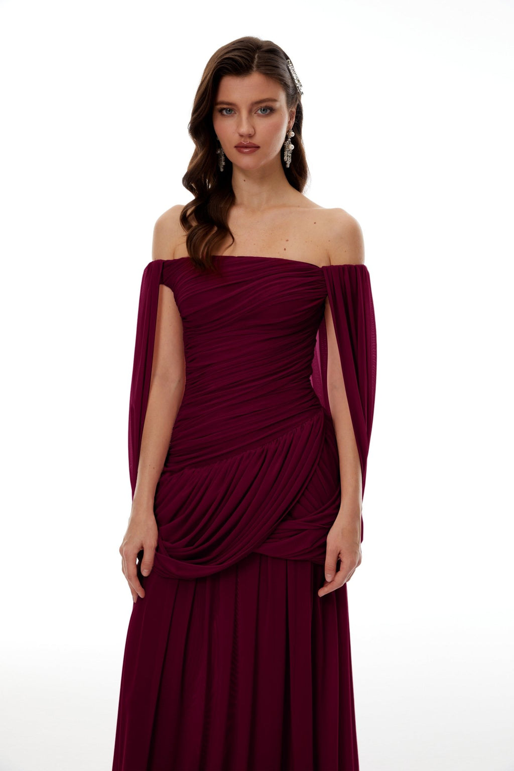 Draped Wrap Waist Floaty Cape Sleeve Flowy Skirt Formal Long Dress - MAYMOONLY