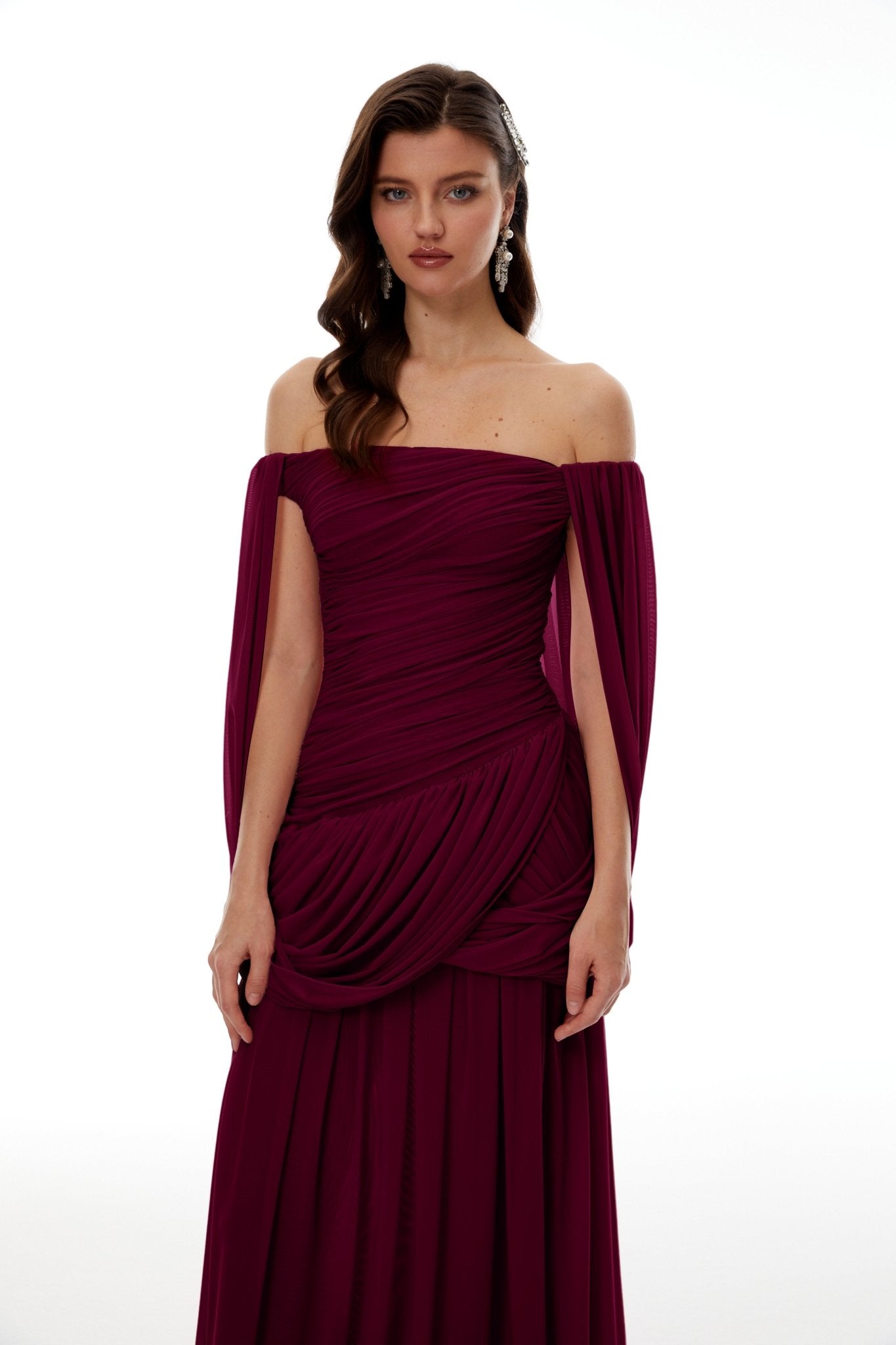 Draped Wrap Waist Floaty Cape Sleeve Flowy Skirt Formal Long Dress - MAYMOONLY