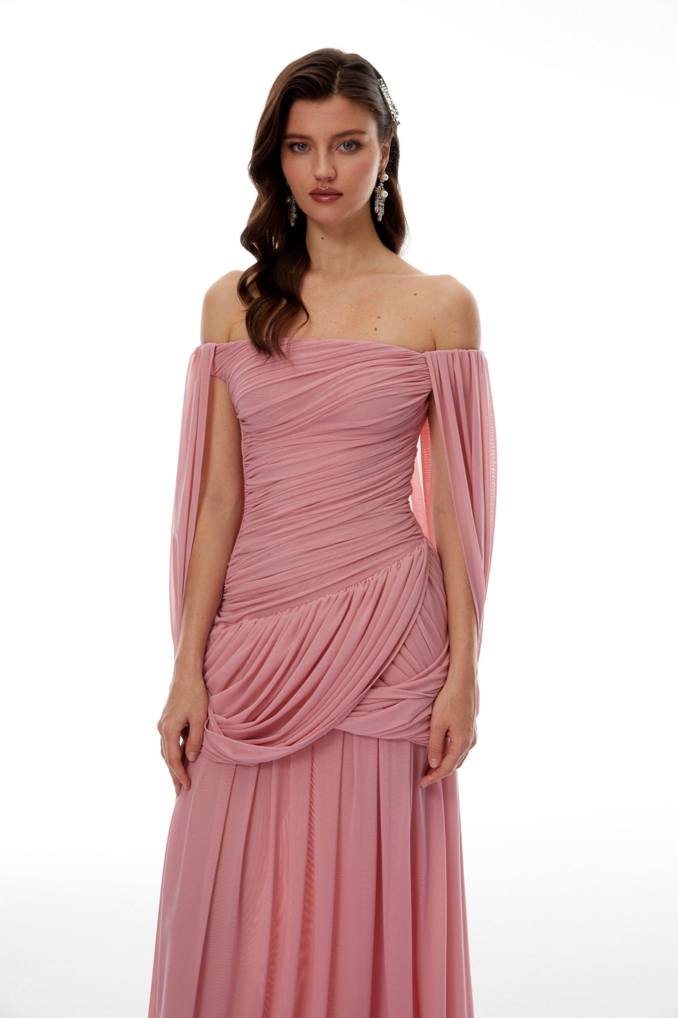 Draped Wrap Waist Floaty Cape Sleeve Flowy Skirt Formal Long Dress - MAYMOONLY