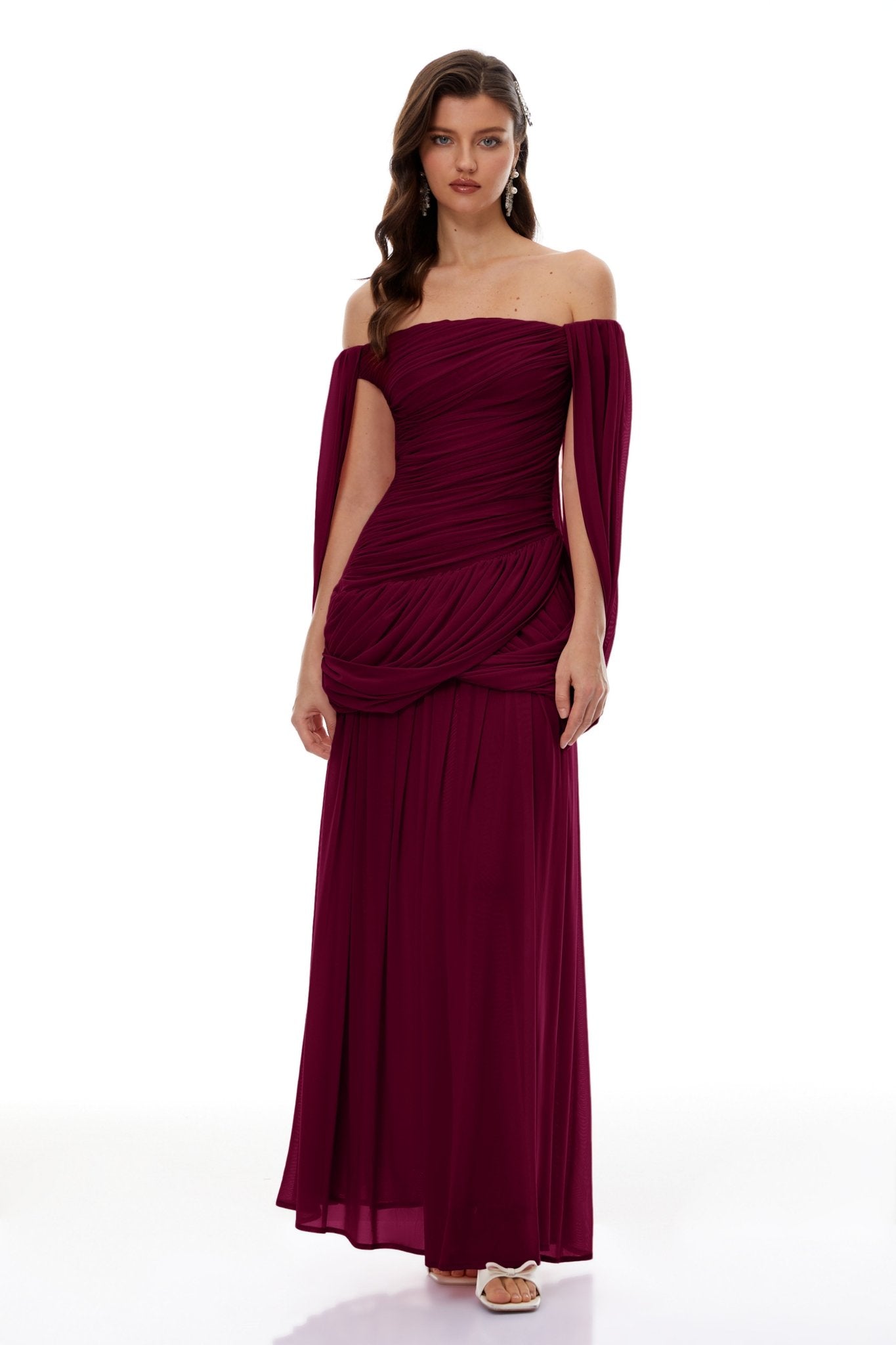 Draped Wrap Waist Floaty Cape Sleeve Flowy Skirt Formal Long Dress - MAYMOONLY