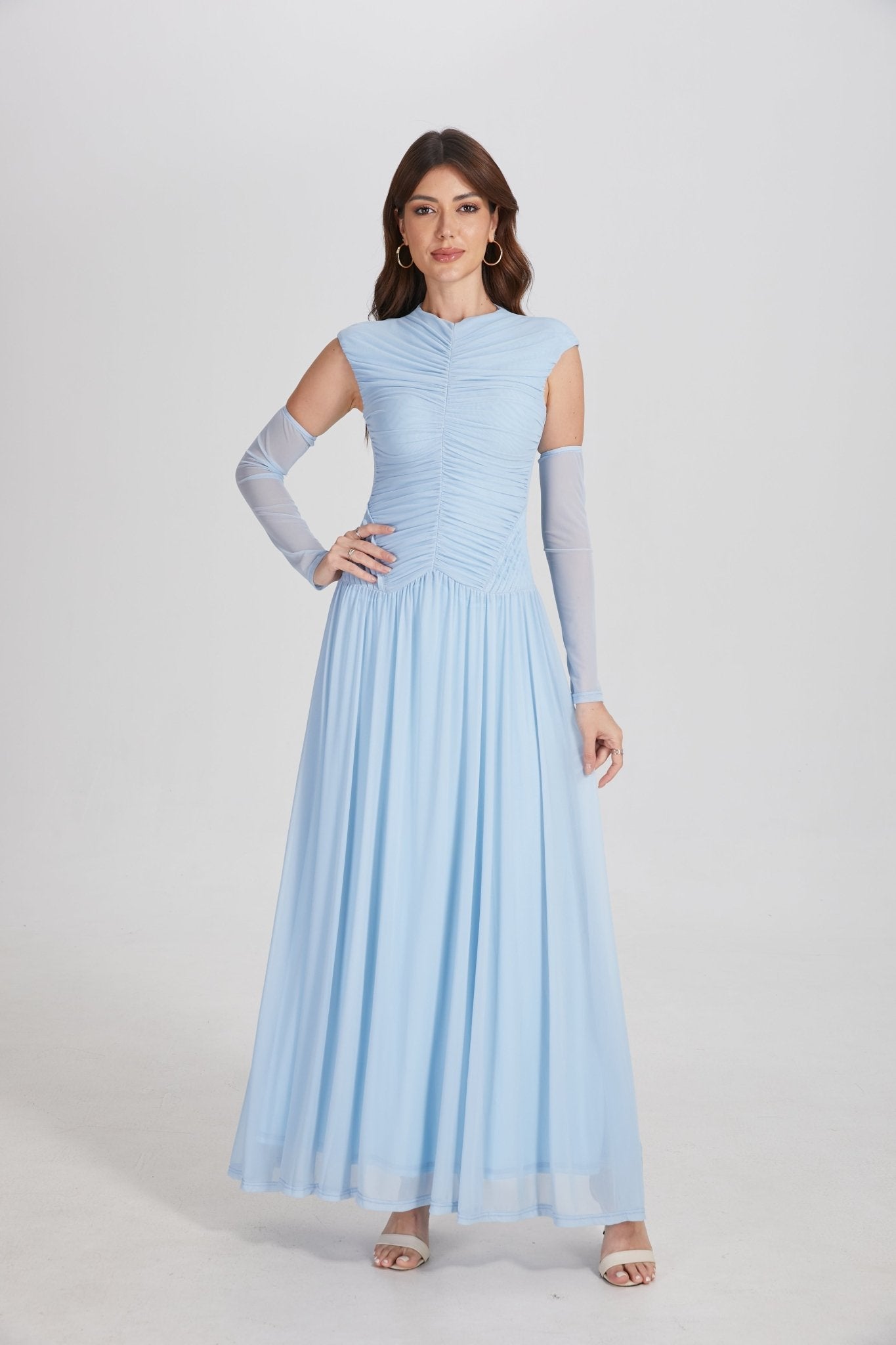 Elegant Structured Pleated Waist Long Formal Party Maxi Dress - MAYMOONLY