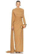 Fluid Asymmetric Draped Waist Long Sleeve Floor Length Dress - MAYMOONLY