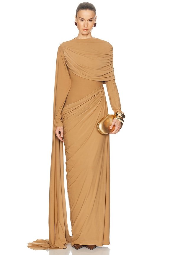 Fluid Asymmetric Draped Waist Long Sleeve Floor Length Dress - MAYMOONLY