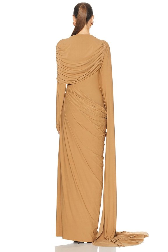 Fluid Asymmetric Draped Waist Long Sleeve Floor Length Dress - MAYMOONLY