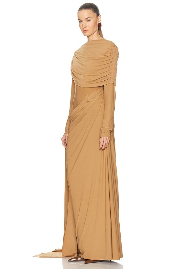Fluid Asymmetric Draped Waist Long Sleeve Floor Length Dress - MAYMOONLY