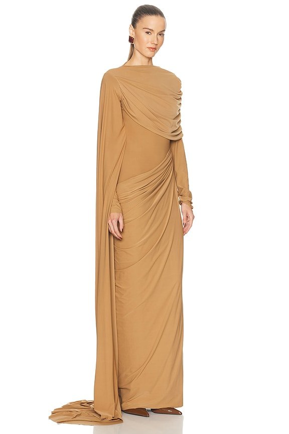 Fluid Asymmetric Draped Waist Long Sleeve Floor Length Dress - MAYMOONLY