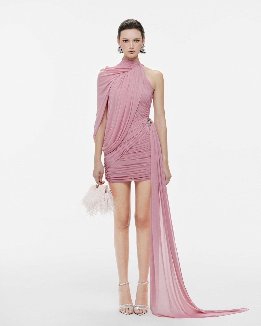 Fluid Cape Drape Ruched Bodycon Mini Dress With Long Side Train - MAYMOONLY