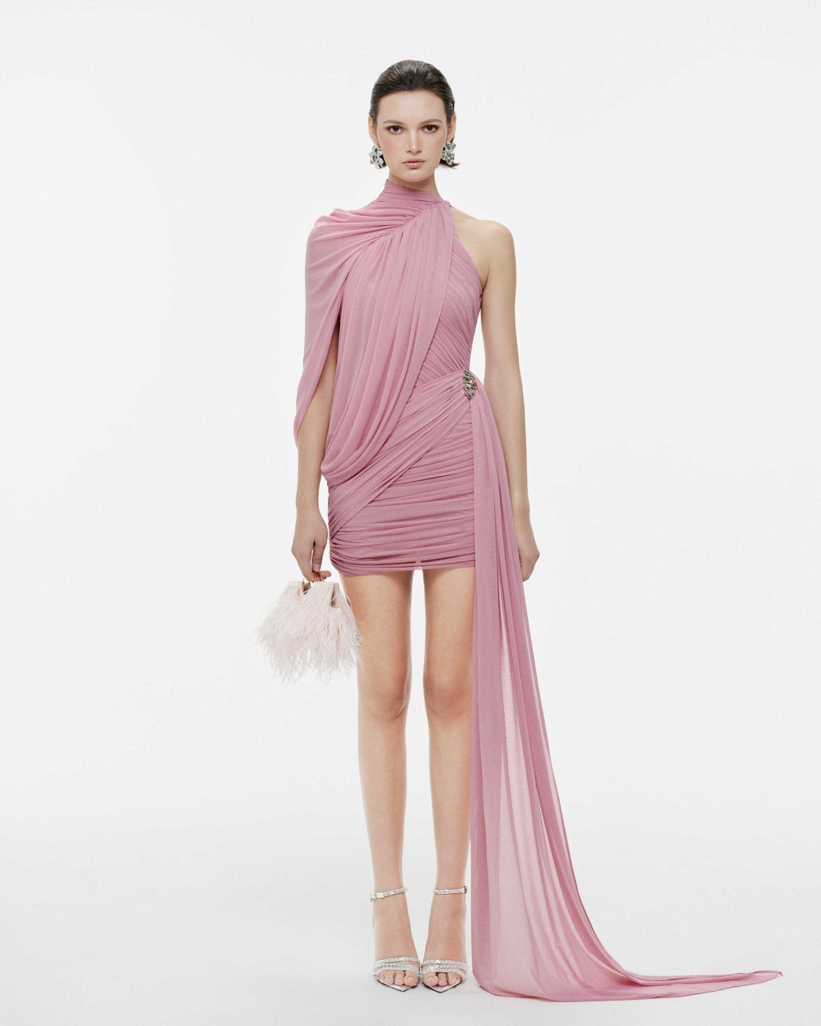 Fluid Cape Drape Ruched Bodycon Mini Dress With Long Side Train - MAYMOONLY