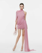 Fluid Cape Drape Ruched Bodycon Mini Dress With Long Side Train - MAYMOONLY