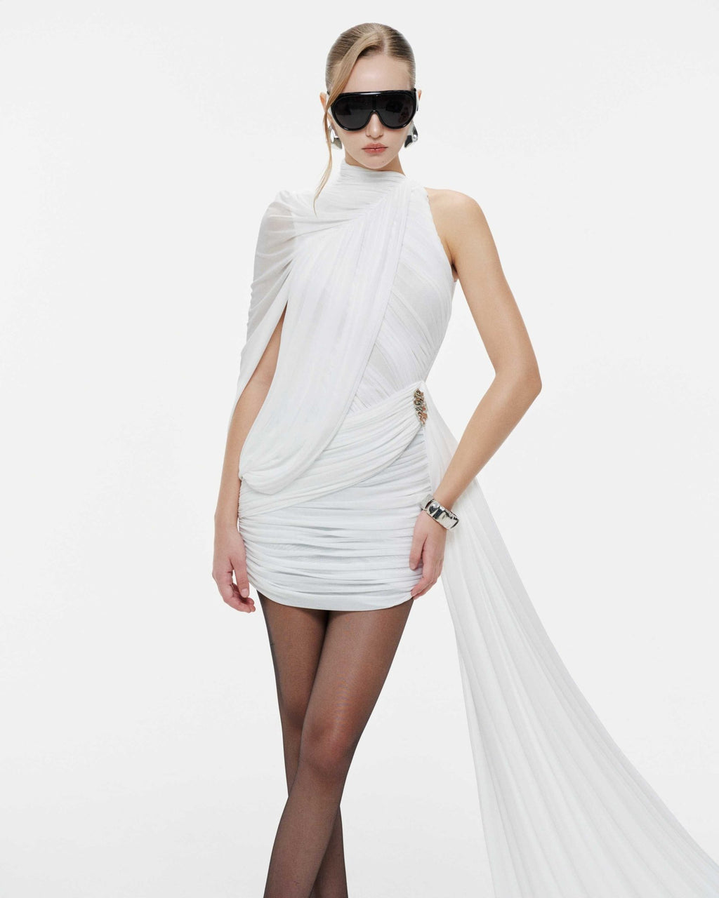 Fluid Cape Drape Ruched Bodycon Mini Dress With Long Side Train - MAYMOONLY