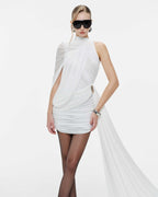 Fluid Cape Drape Ruched Bodycon Mini Dress With Long Side Train - MAYMOONLY