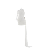 Fluid Cape Drape Ruched Bodycon Mini Dress With Long Side Train - MAYMOONLY