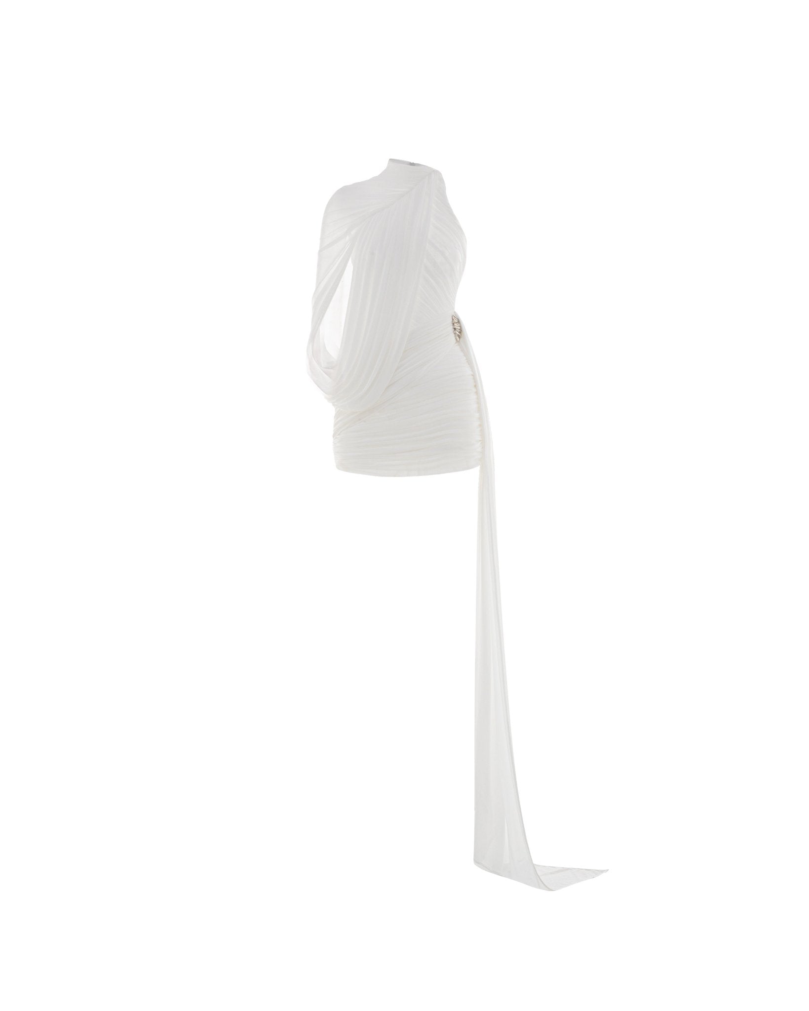 Fluid Cape Drape Ruched Bodycon Mini Dress With Long Side Train - MAYMOONLY