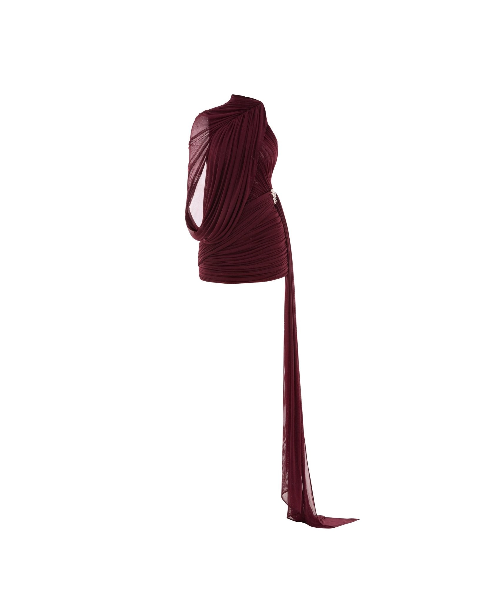 Fluid Cape Drape Ruched Bodycon Mini Dress With Long Side Train - MAYMOONLY
