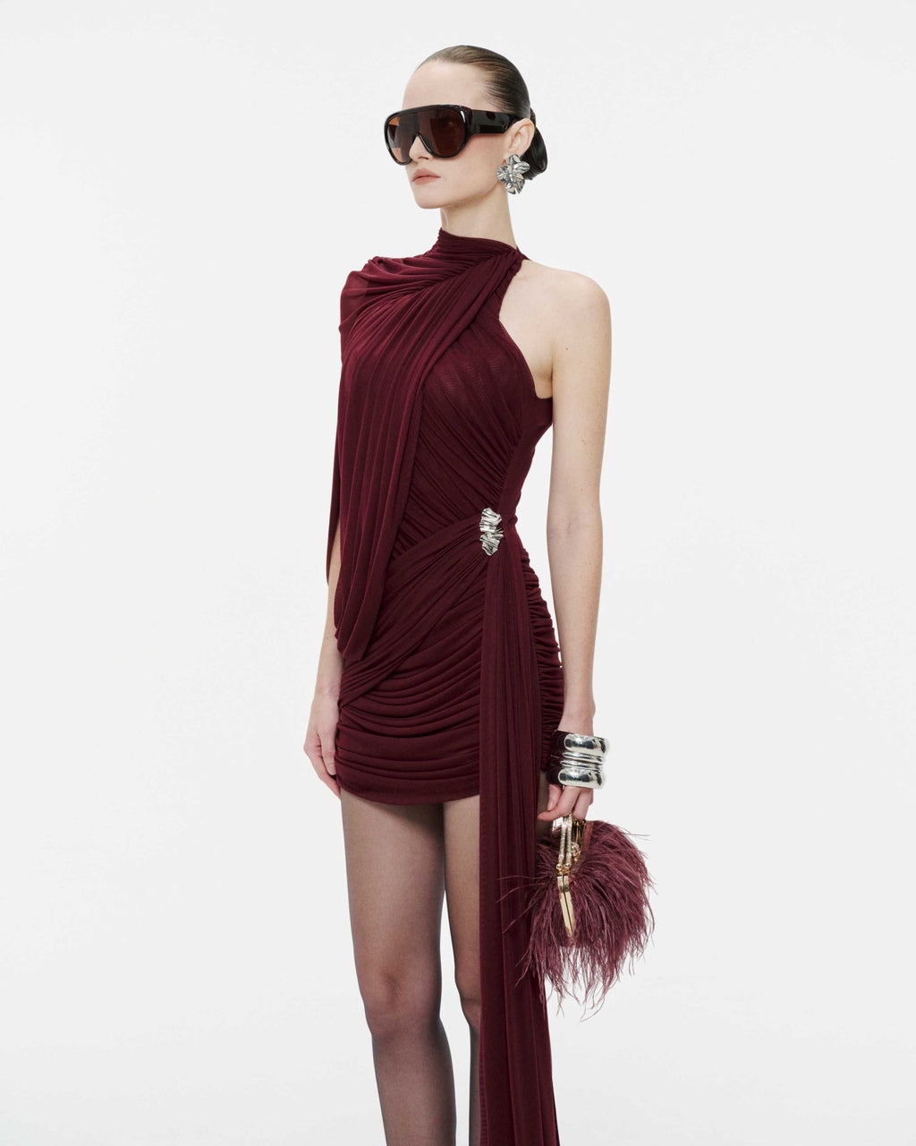 Fluid Cape Drape Ruched Bodycon Mini Dress With Long Side Train - MAYMOONLY