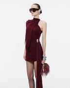 Fluid Cape Drape Ruched Bodycon Mini Dress With Long Side Train - MAYMOONLY