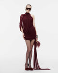 Fluid Cape Drape Ruched Bodycon Mini Dress With Long Side Train - MAYMOONLY