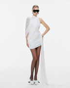 Fluid Cape Drape Ruched Bodycon Mini Dress With Long Side Train - MAYMOONLY