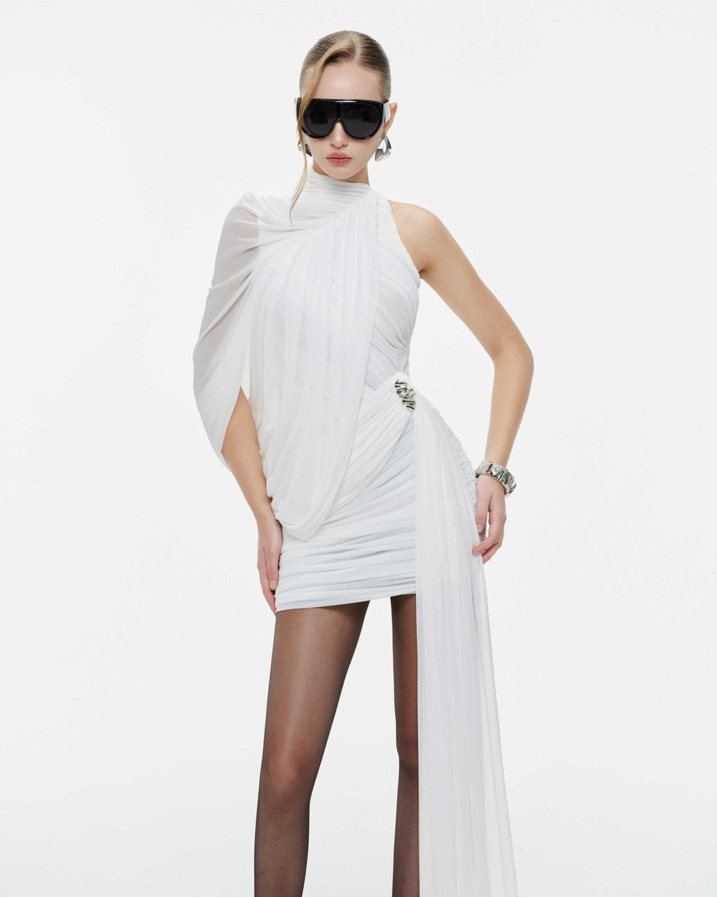 Fluid Cape Drape Ruched Bodycon Mini Dress With Long Side Train - MAYMOONLY