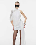 Fluid Cape Drape Ruched Bodycon Mini Dress With Long Side Train - MAYMOONLY