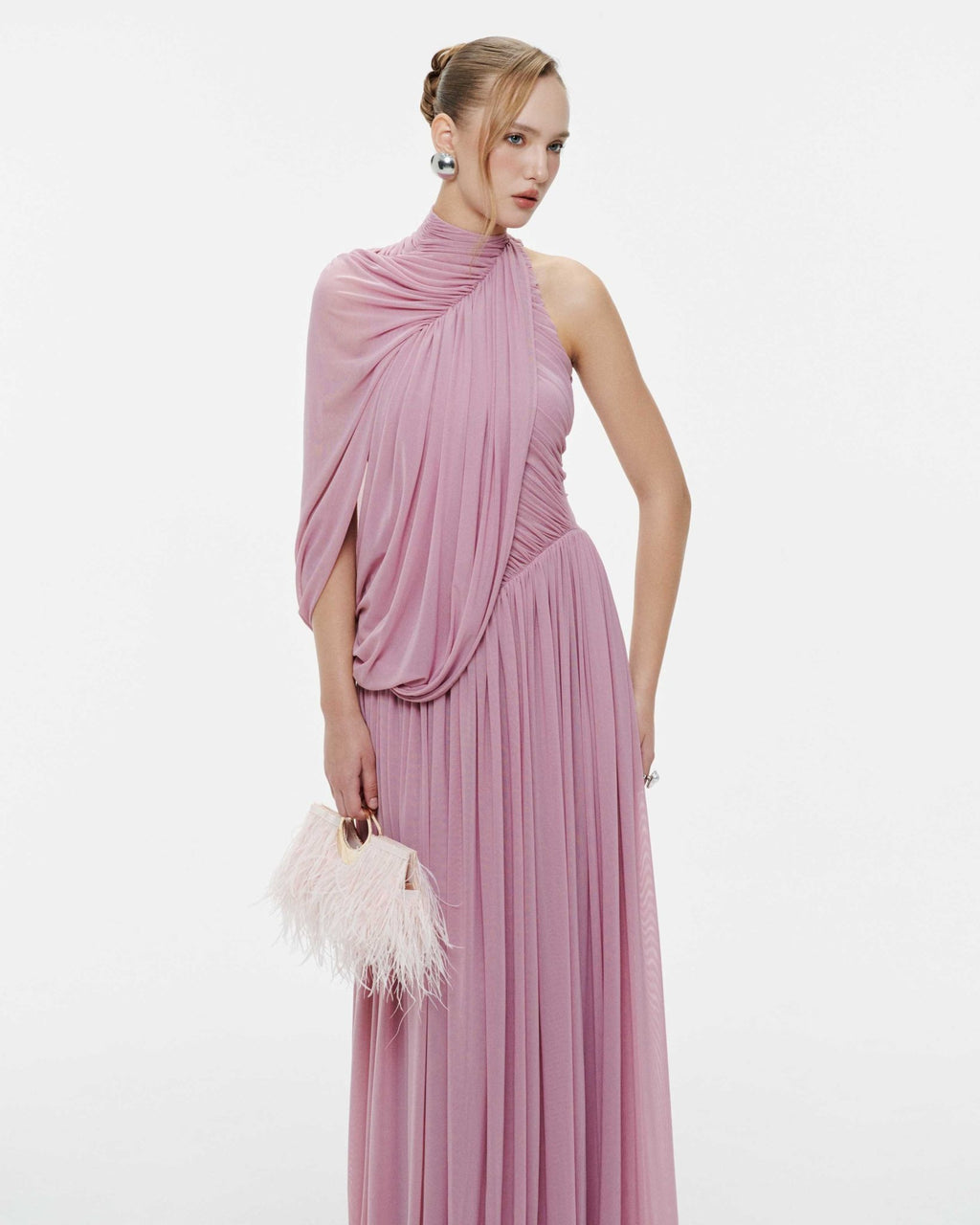Halter Neck Single Cape Sleeve Cross Ruched Bodice Pleated Chiffon Maxi Gown - MAYMOONLY