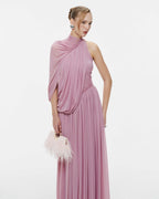 Halter Neck Single Cape Sleeve Cross Ruched Bodice Pleated Chiffon Maxi Gown - MAYMOONLY