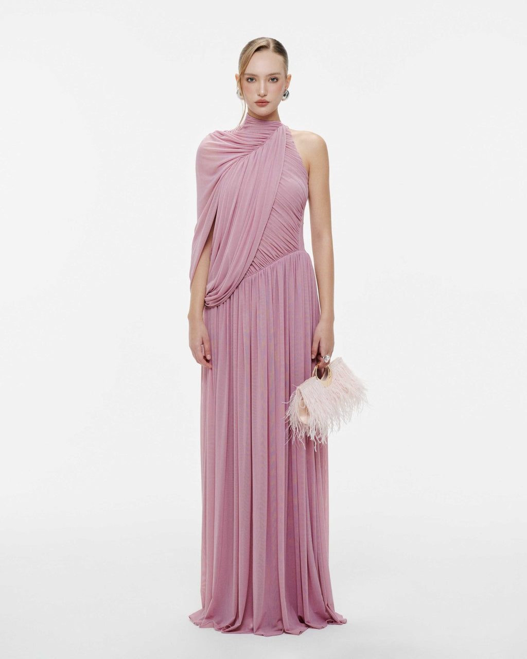 Halter Neck Single Cape Sleeve Cross Ruched Bodice Pleated Chiffon Maxi Gown - MAYMOONLY