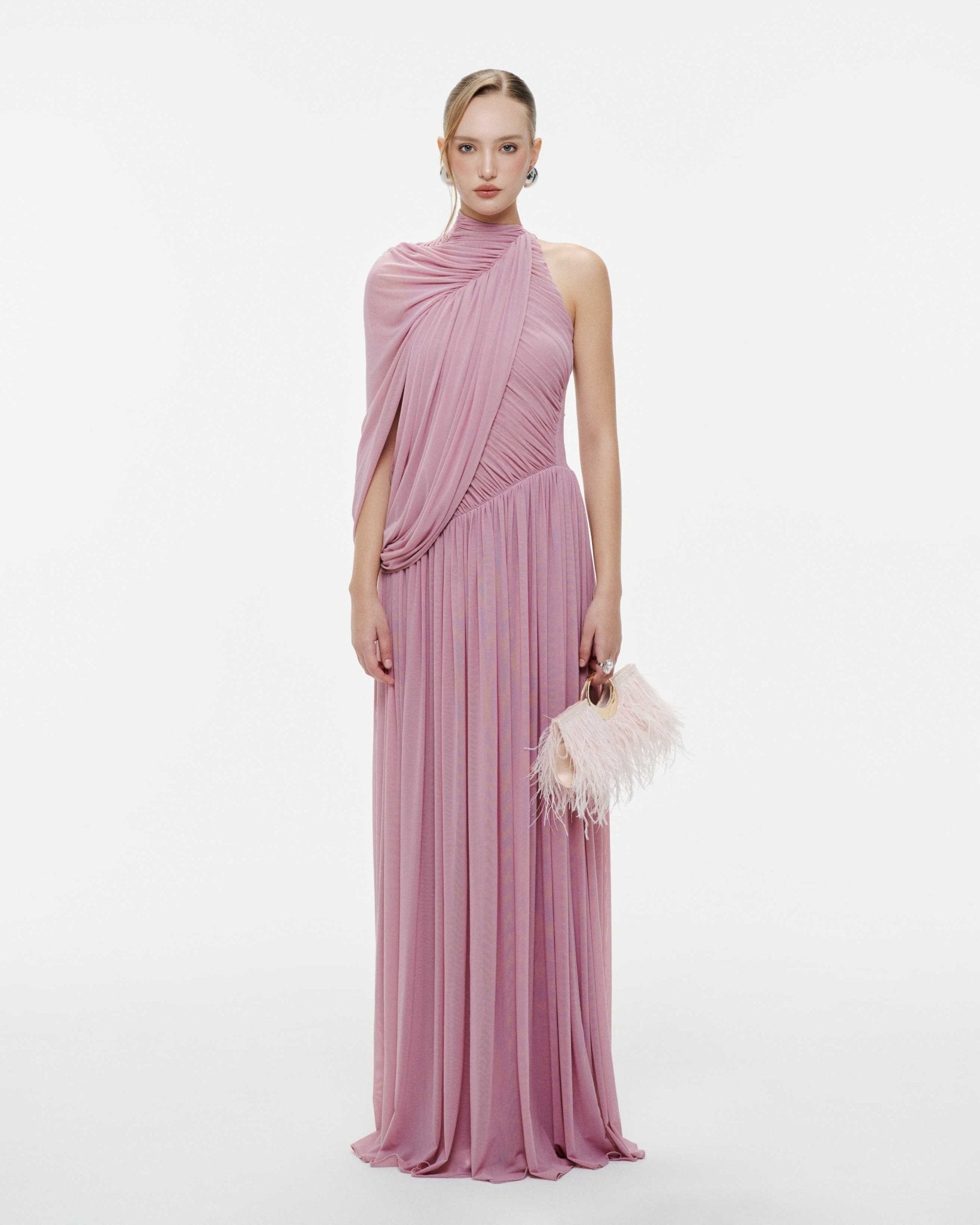 Halter Neck Single Cape Sleeve Cross Ruched Bodice Pleated Chiffon Maxi Gown - MAYMOONLY